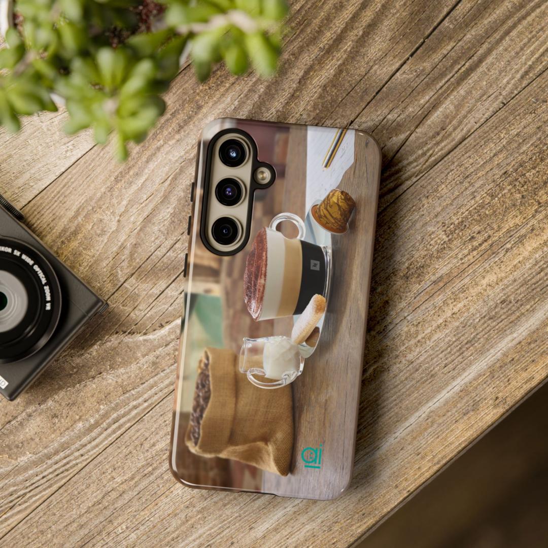 AI Brand - Stylish Tough Phone Case - Glossy & Matte - Atomic Impact - Working with coffee